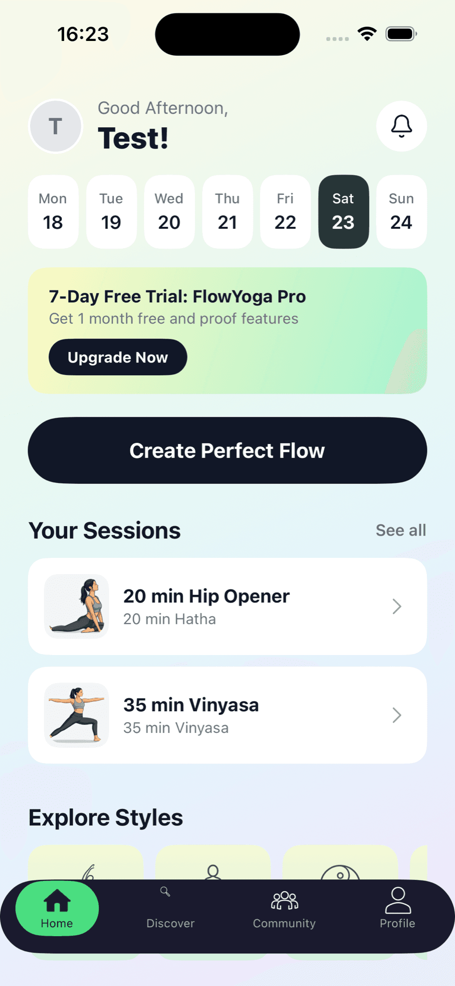 FlowYoga Home Dashboard